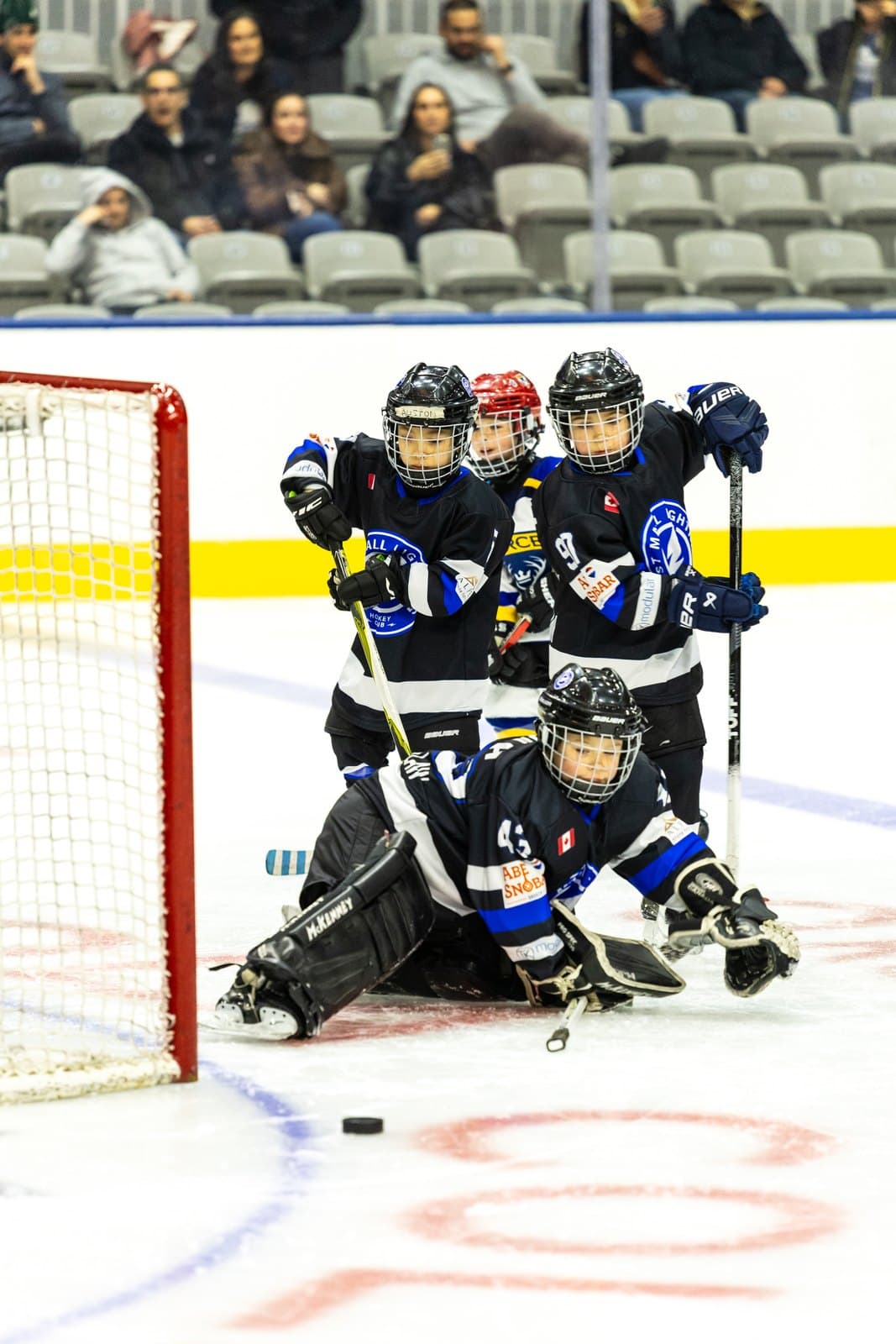 Skaters crowd the crease as the goaltender goes down to cover