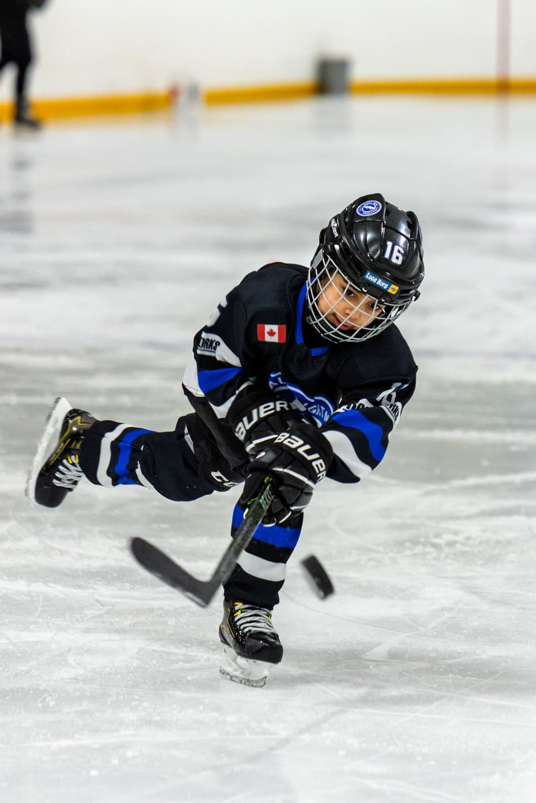 A young skater deep in the stride, chasing the play