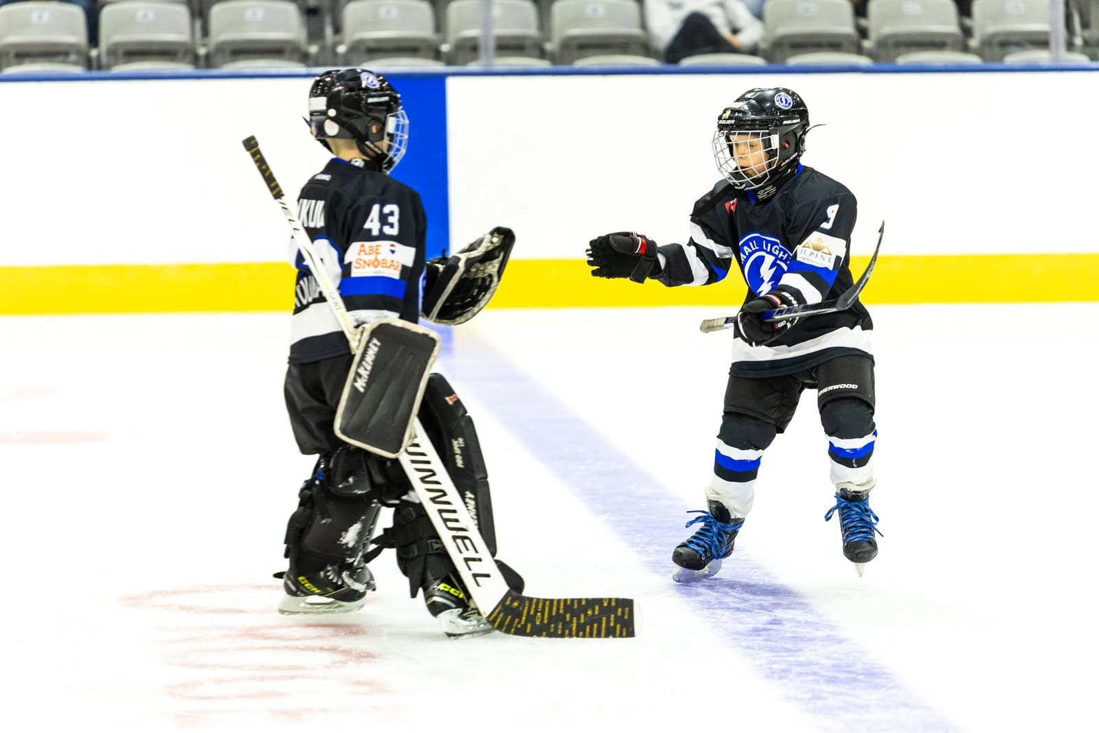 A goaltender and a teammate share a moment at the edge of the crease