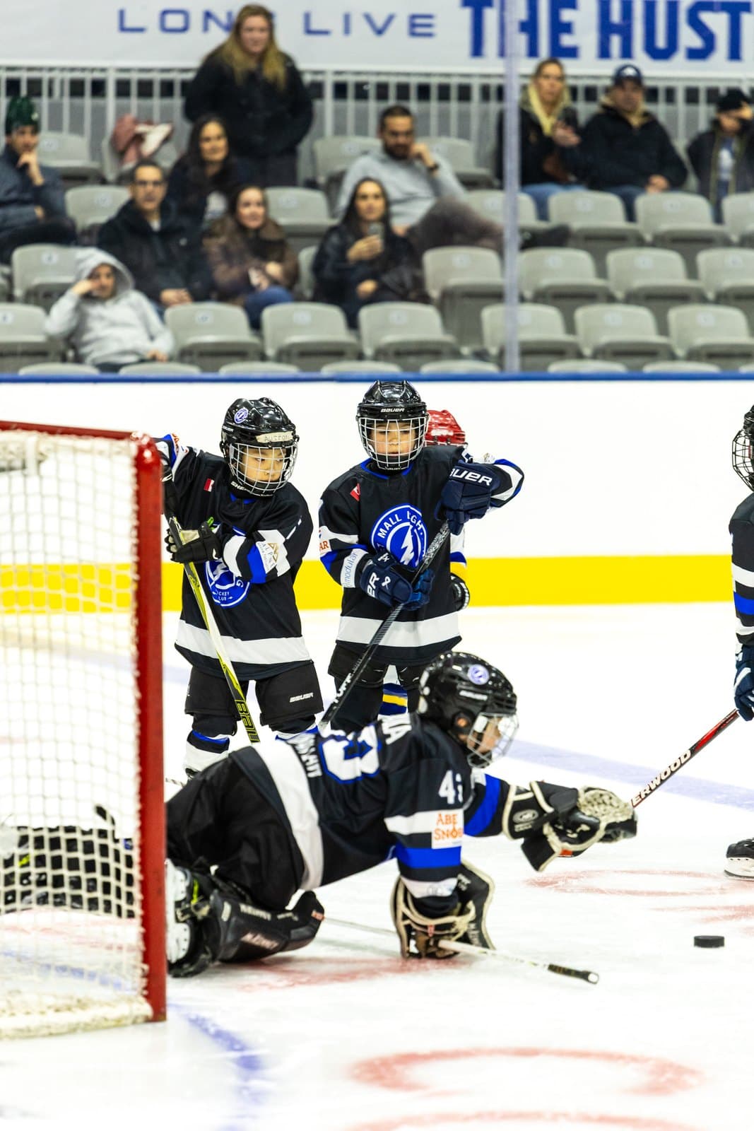 A net-front scramble with the stands watching from the seating bowl behind