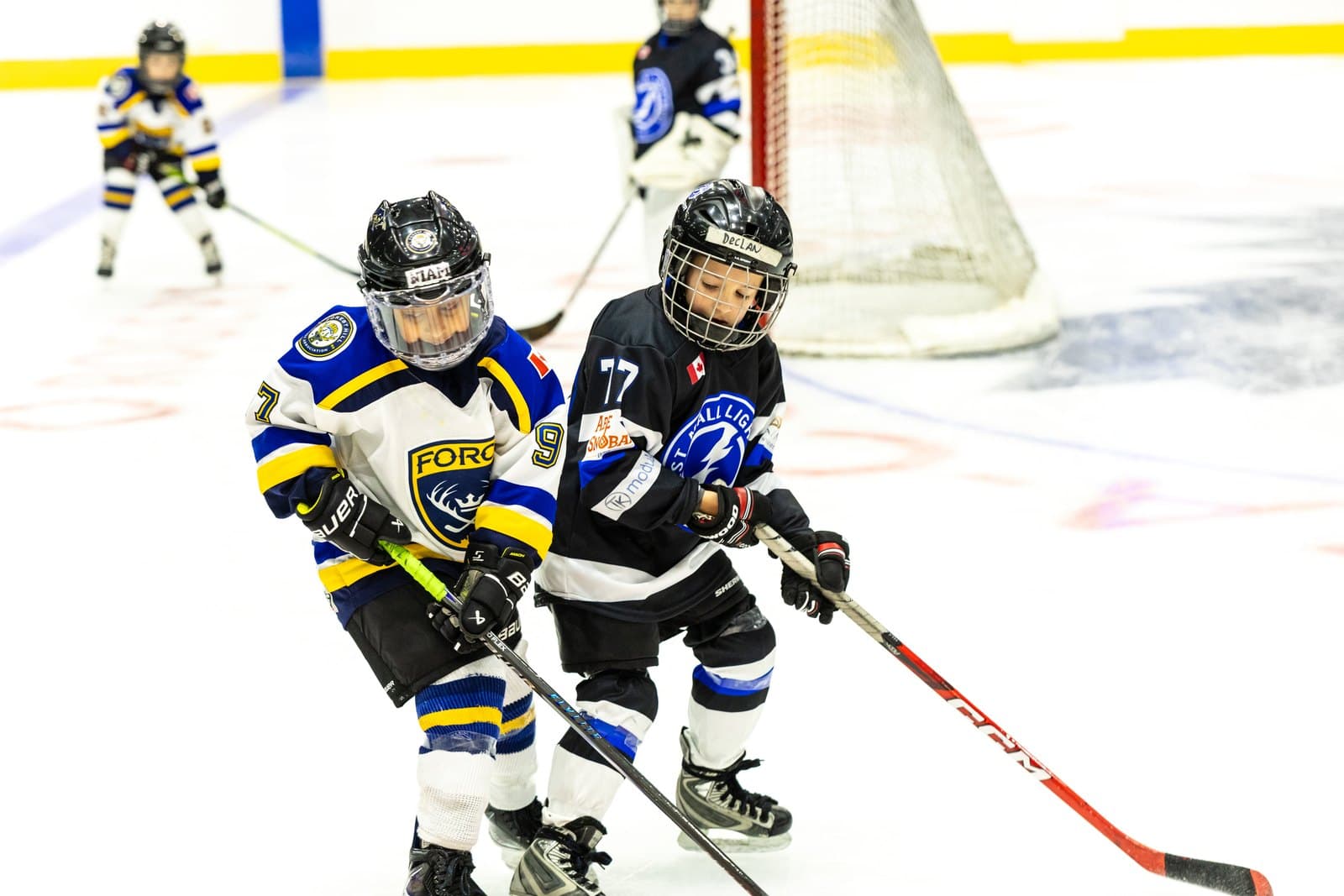 Sticks tangle in front of the net as three skaters fight for the puck